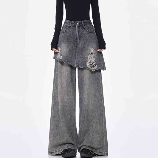 Pantalones Rectos Azul Vintage Efecto Desgastado Doble Tela para Mujer - Image 2
