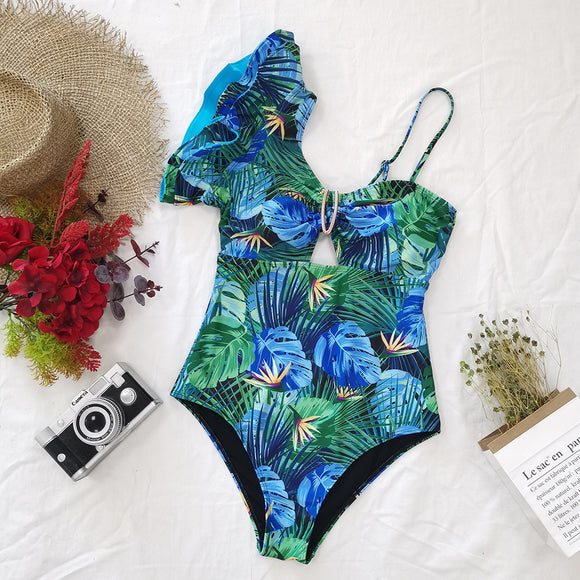 Traje de Baño Asimétrico con Volantes Estampado para Mujer