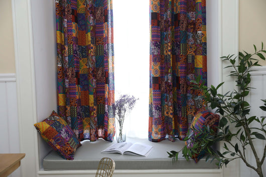 Bohemian retro style cotton linen curtains with a vibrant geometric patchwork pattern, one tied back with a rope. - Image 7
