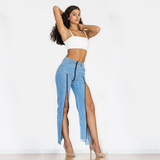 Jeans Skinny Azul Claro con Diseño de Cremallera y Corte Irregular - Image 2