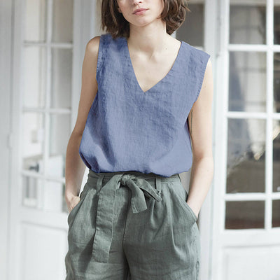 Blusa de Lino Puro Escote V sin Mangas para Mujer - Image 2
