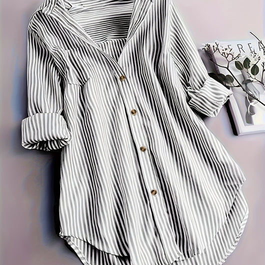 Camisa Casual Suelta a Rayas con Botones y Mangas Largas para Mujer - Image 13