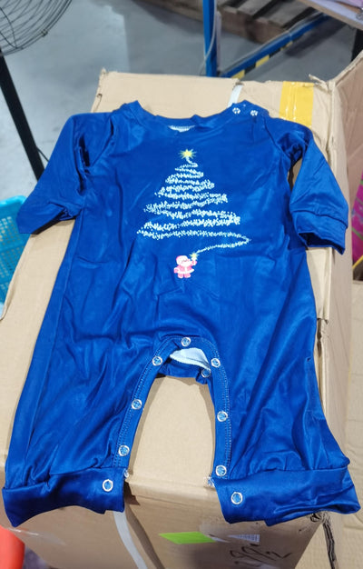 Blue long-sleeved baby romper with a white Christmas tree and Santa Claus design, featuring snap closures. - Image 7