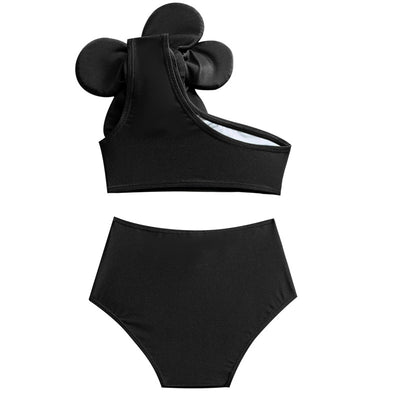 Red children's split swimsuit with a one-shoulder top featuring a large decorative flower and high-waisted bottoms. - Image 18