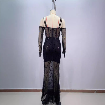 Vestido de Malla Elegante con Cristales Brillantes y Cintura Ajustada - Image 3