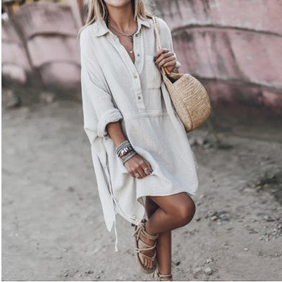Vestido Suelto de Algodón y Lino con Escote en V y Bolsillos - Image 11