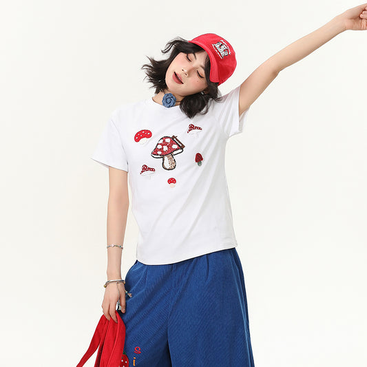 Camiseta Cuello Redondo Manga Corta con Bordado de Hongos para Mujer