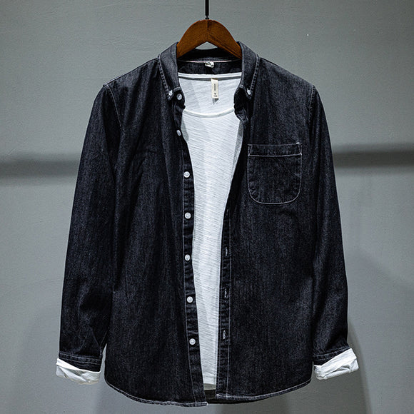 Chaqueta Camisa Denim Manga Larga Hombre Color Sólido