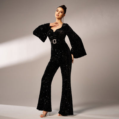 Jumpsuit de Fiesta Largo con Lentejuelas, Cuello Cuadrado y Ajuste Ceñido - Image 9