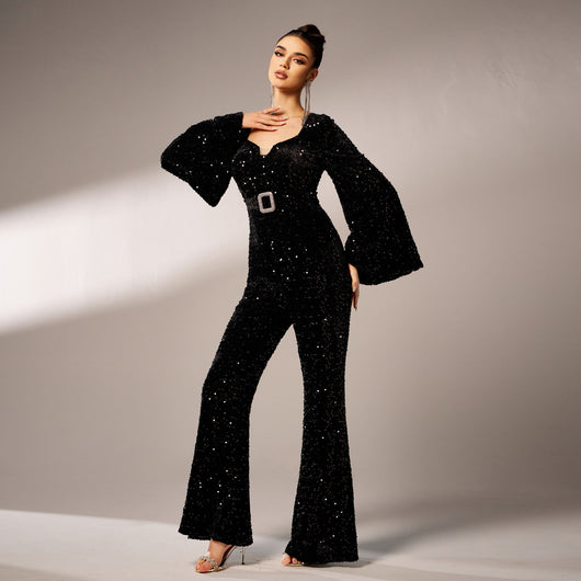 Jumpsuit de Fiesta Largo con Lentejuelas, Cuello Cuadrado y Ajuste Ceñido - Image 9