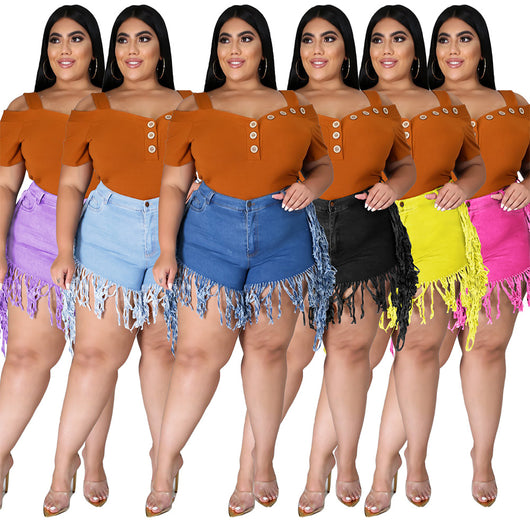 Shorts Denim Rotos con Flecos Talla Grande para Mujer - Pantalones Rectos Casual