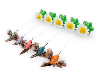 Electric pet toy with a row of white and yellow daisy flowers, green leaves, and five colorful feather birds on wires. - Image 25