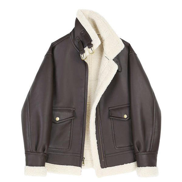 Abrigo de Cuero Sintético Grueso Holgado Estilo Coreano