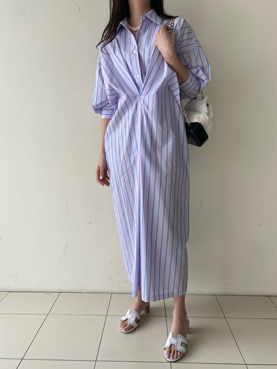 Vestido Camisero Plisado a Rayas Contraste - Manga Larga Holgado - Image 15