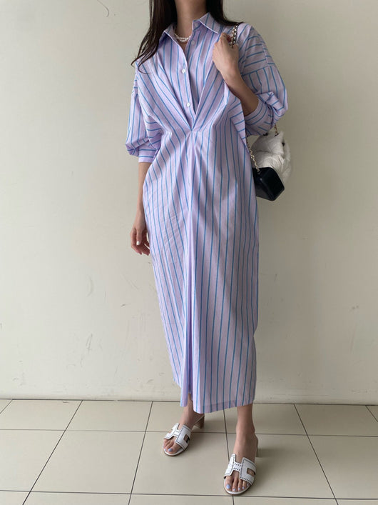 Vestido Camisero Plisado a Rayas Contraste - Manga Larga Holgado - Image 15