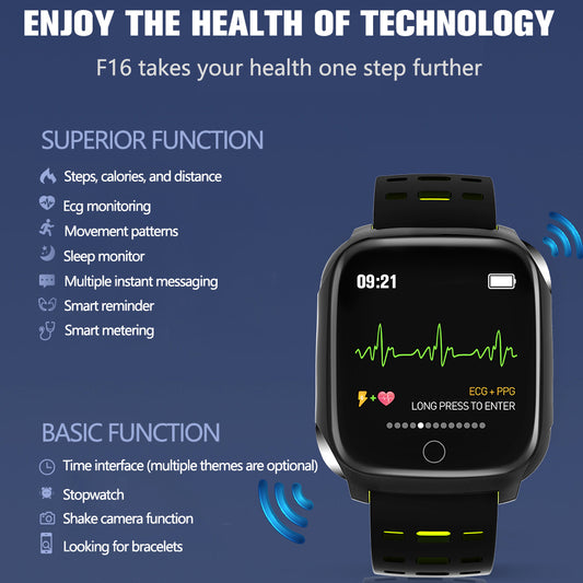 Reloj Inteligente F16 con Monitor ECG, Presión Arterial y Frecuencia Cardíaca