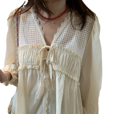 Blusa Elegante Retro con Escote V y Detalles de Malla - Diseño Holgado Versátil - Image 5