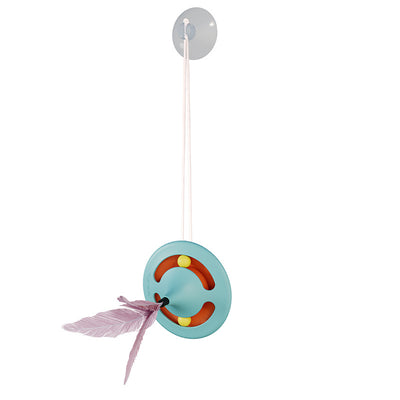 Orange and blue cat turntable toy with purple feathers, hanging from a clear suction cup on a white background. - Image 7