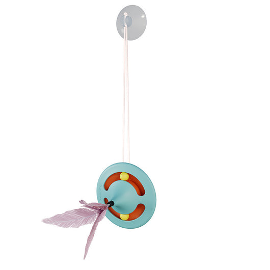 Orange and blue cat turntable toy with purple feathers, hanging from a clear suction cup on a white background. - Image 7