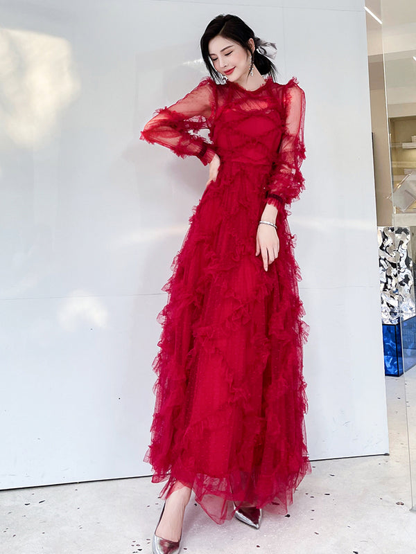Vestido Rojo Elegante de Novia con Mangas Largas para Dama