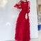 Vestido Rojo Elegante de Novia con Mangas Largas para Dama