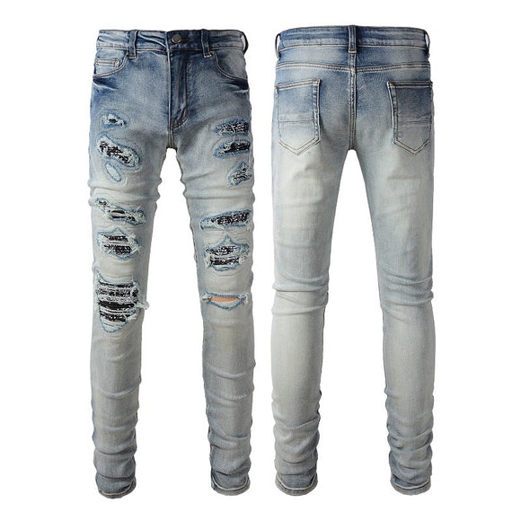 Jeans Slim Fit Elásticos con Parches Estampados en Tonos Claros para Hombre