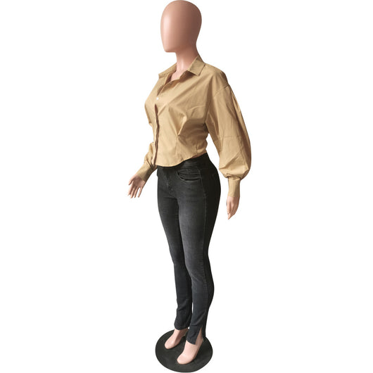 Blusa Elegante de Manga Linterna Ajustada en Color Sólido - Image 13