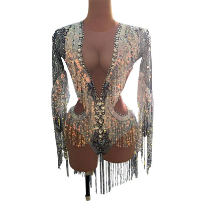 Traje de Presentación con Lentejuelas y Flecos Elástico para Cantantes - Image 11