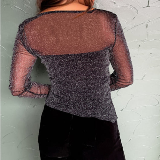 Blusa Larga de Malla con Brillo Metálico Negro - Image 15