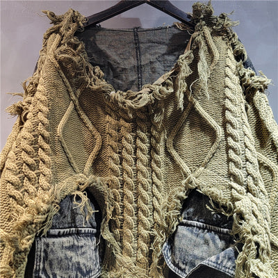 Suéter de Cuello Redondo Denim con Tejido Trenzado y Costuras de Diseño - Image 8