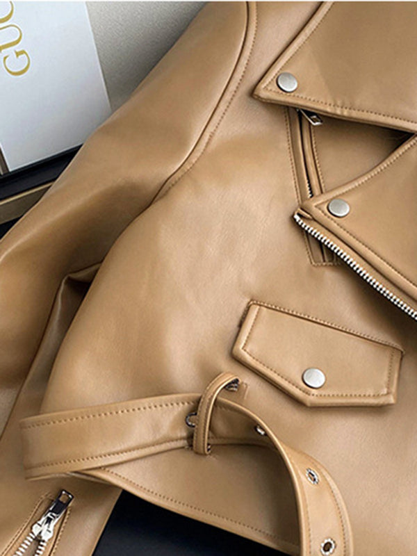 Chaqueta de Cuero Marrón para Motociclista Mujer