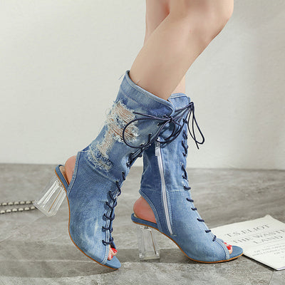 Botas Denim de Tacón Grueso con Punta Abierta y Tira Ajustable - Image 8