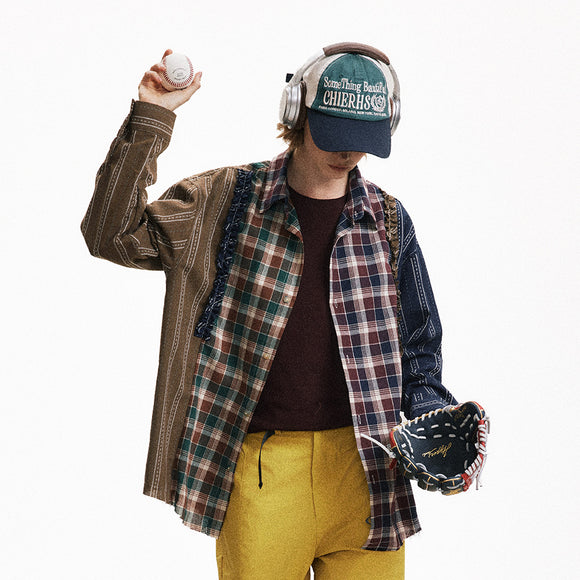 Camisa Xadrez Assimétrica Masculina Tendência Street Style Barras Desfiadas