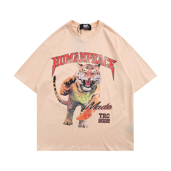 Camiseta Hombre Estampado Tigre Cuello Redondo Manga Corta Suelta