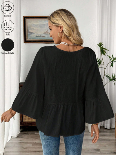 Blusa Cuello V con Mangas Volantes en Colores Sólidos - Image 27