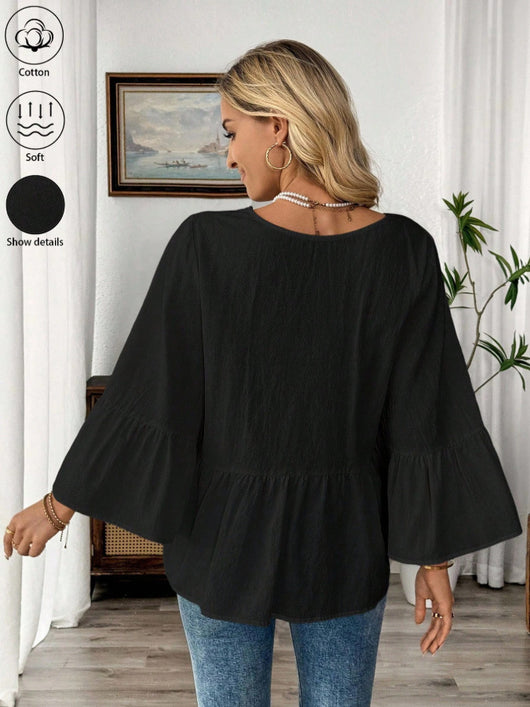 Blusa Cuello V con Mangas Volantes en Colores Sólidos - Image 27