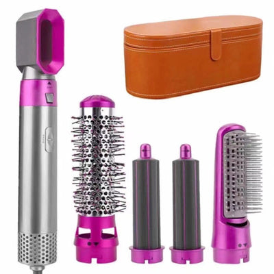 5-in-1 hot air comb hair dryer set with multiple rose red and gray attachments in a white tray. - Image 3