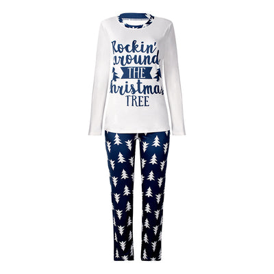 Family matching Christmas pajamas: white long-sleeve tops with 'Rockin' around THE Christmas TREE' text and blue pants with white Christmas tree patterns for da - Image 11