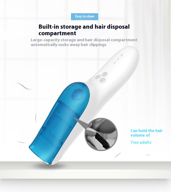White and blue electric hair clipper with a transparent blue hair disposal compartment, shown with text highlighting its easy-clean feature. - Image 5