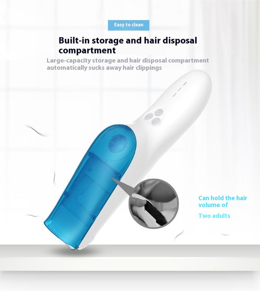 White and blue electric hair clipper with a transparent blue hair disposal compartment, shown with text highlighting its easy-clean feature. - Image 5