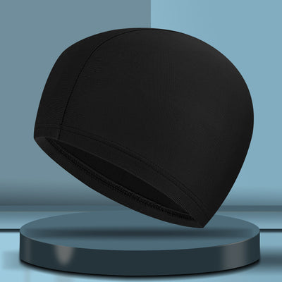 Black cloth swimming cap with a blue tribal-style graphic design on the side. - Image 13