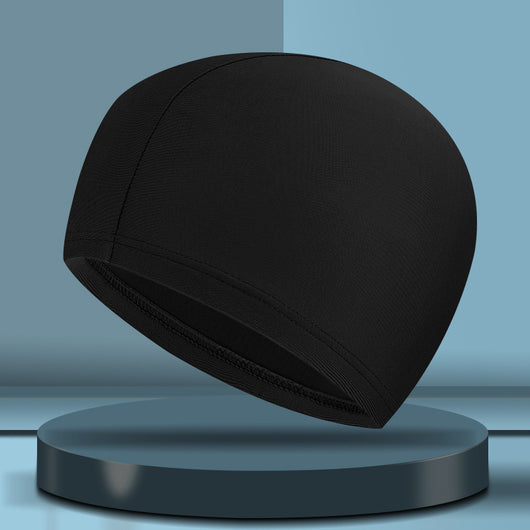 Black cloth swimming cap with a blue tribal-style graphic design on the side. - Image 13