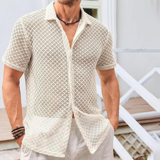 Camisa Casual de Malla Ligera para Hombre - Diseño Liso con Solapa - Image 9