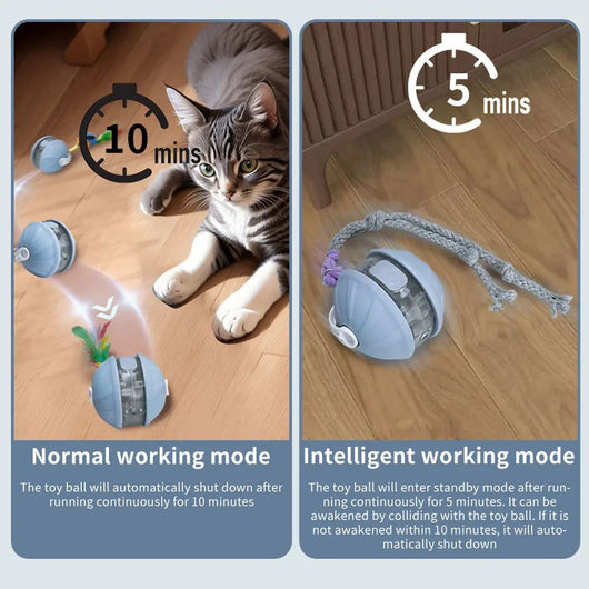 Light blue and white automatic rolling cat toy ball with a purple faux tail, featuring a power button. - Image 16