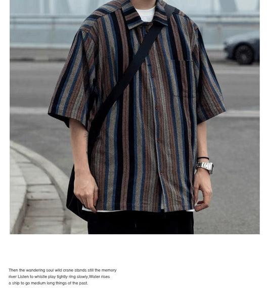 Camisa Retro Amekaji a Rayas de Estilo Étnico Manga Corta - Image 16