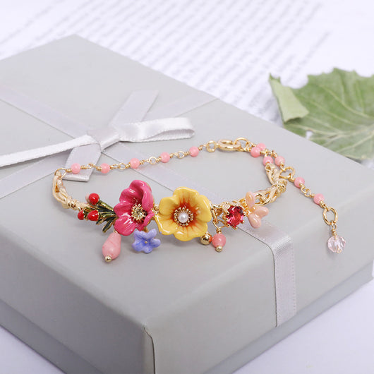 Pulsera de Flores de Peonía en Esmalte Rosa con Zircones Chapada en Oro - Image 15