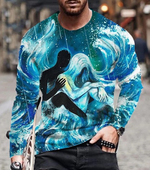 Playera Suelta de Cuello Redondo con Estampado Digital de Manga Larga
