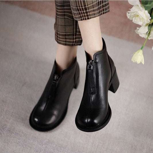 Botas Cortas de Cuero Otoñal con Cierre Frontal y Tacón Grueso - Image 2