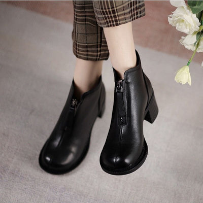 Botas Cortas de Cuero Otoñal con Cierre Frontal y Tacón Grueso - Image 2