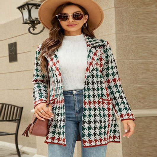Cardigan Abrigo Cuadros Contraste con Tejido Pata de Gallo